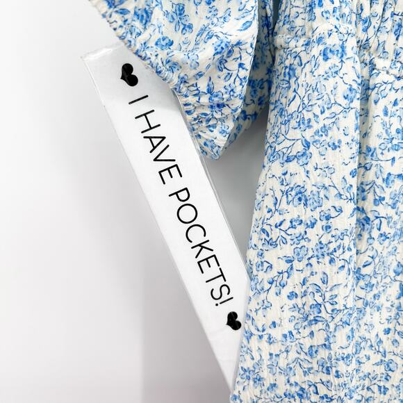 Baltic Born Koa Short Dress Blue Cream Ditsy Floral Smocked Waist Womens Sz S - Picture 11 of 12